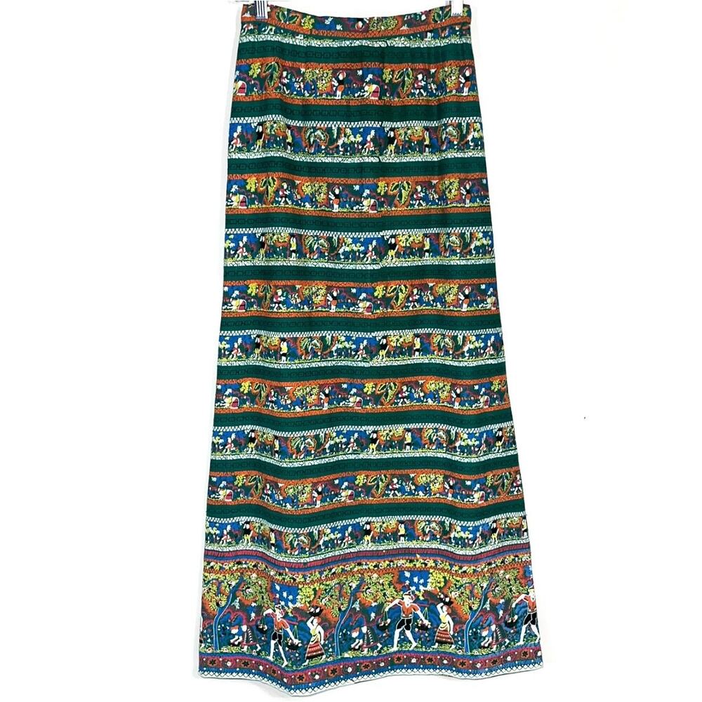 Vintage 70s Green Colorful Striped Folk Art Printed Maxi Skirt